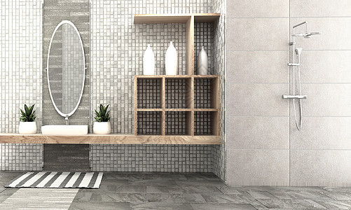 浴室室内设计  现代风格 3D毛巾柜台淋浴家具内阁奢华窗户镜子浴缸蓝色图片
