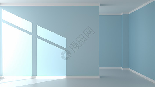 蓝色薄荷墙背景和空房间的木地板  3D重新图片