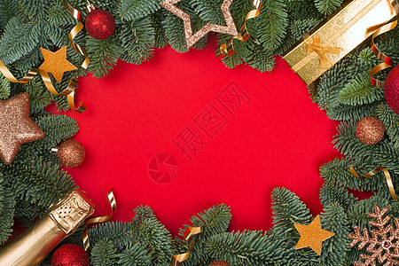 红色的圣诞fir树玩具假期风格礼物瓶子分支机构盒子边界横幅邀请函图片