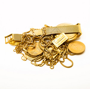 白色背景的金色对象宝石原点金条金子投资概念链子硬币店铺黄色图片