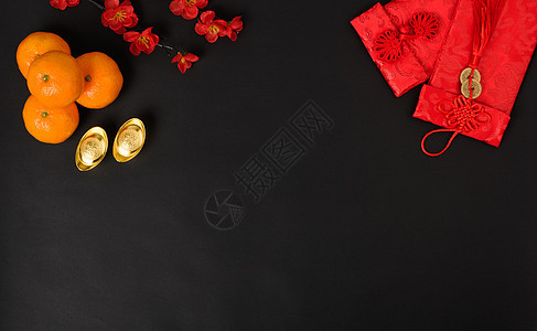 中华新年节的概念 平坦的天观橙子桌子金子水果风格商业节日传统农历繁荣图片