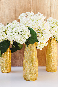 黄色家居金色光亮的瓶子 盛有花朵 金花花中的白花美丽黄色金瓶风格金花瓶白色植物绣球花花束植物群背景