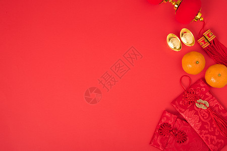 中华新年节的概念 平坦的天观农历庆典桌子新年繁荣商业水果橙子传统信封图片