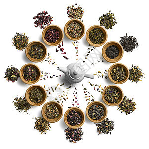 以时钟脸形状的大型茶叶组 白色背景上的顶端视图玫瑰团体早餐叶子植物茶壶香气收藏芳香时间图片