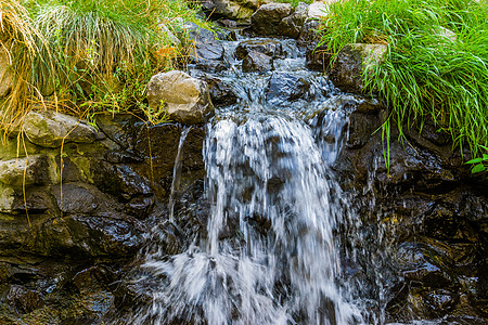 小溪流的瀑布 流过岩石的水流 美丽的自然背景图片
