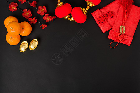 中华新年节的概念 平坦的天观装饰农历橙子传统财富桌子月球繁荣水果商业图片