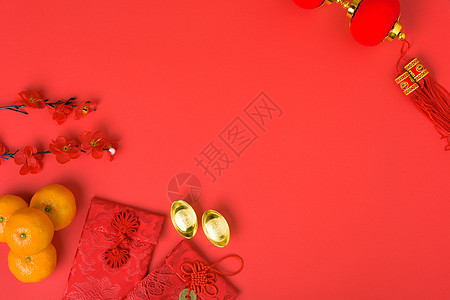 中华新年节的概念 平坦的天观风格装饰假期节日农历信封繁荣桌子传统财富图片