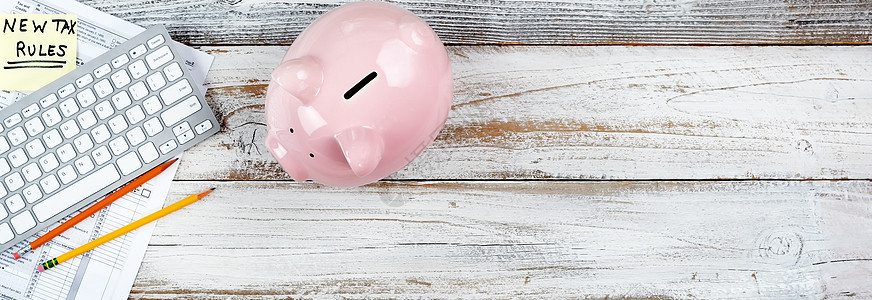 收入税表格 有新的变化加上白生锈的猪头银行背景图片