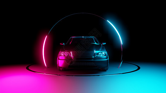 创意汽车有霓虹灯圈子框架的汽车辉光技术边界漩涡派对耀斑蓝色地球反射俱乐部背景