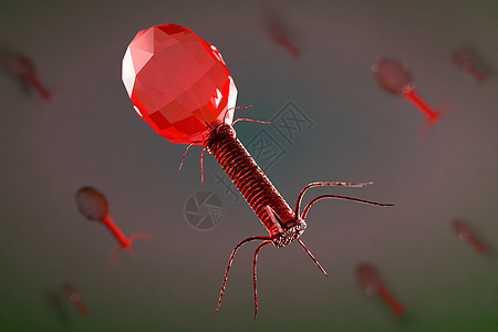 绿色背景上显微镜噬菌体的 3d 插图特写图片