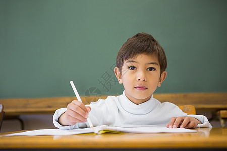 快乐的学生在书桌写笔记本瞳孔教育学校早教课堂铅笔班级桌子小学生记事本图片