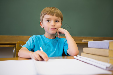 快乐的学生在书桌上靠书本男性班级小学瞳孔早教铅笔笔记本教育课堂童年图片