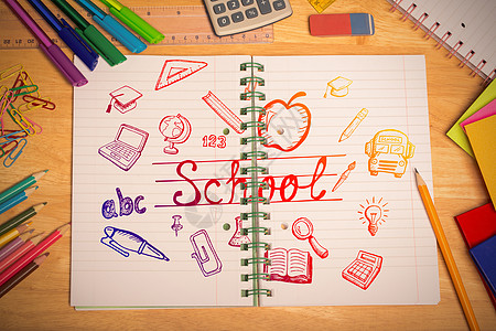 教育面条的复合形象涂鸦计算记事本手绘灯泡放大镜学生校车铅笔电脑图片