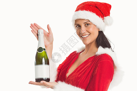 酒红色女人拿着香槟瓶子微笑女士女性黑发喜庆快乐时候白色假期红色背景