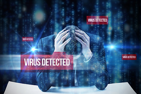 检测到的病毒落在蓝色模糊字母的线条上商业商务安全科学流行语编码恶意程序员网络技术图片