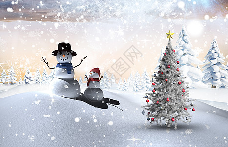 圣诞节树和雪人复合图象绘图喜庆风景下雪枞树环境雪花寒意树木假期图片