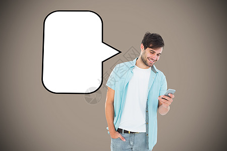 快乐的随意男子发来短信的复合图像牛仔布讲话技术拨号电话手机插图绘图话框男人图片