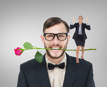 愤怒的女商务人士出面的复合形象职业领结绘图女士微笑计算机插图男性极客男人图片