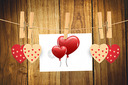 心脏气球复合图像绳索橡木木板情人红色浪漫桌子木桩清洗图片