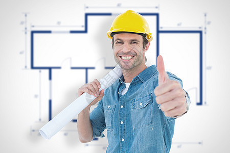 建筑设计师持有蓝图的复合图像 同时抬起拇指成就技术员手势头盔幸福蓝色工作安全建筑学工人图片