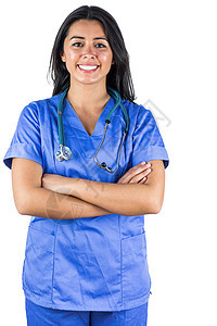 带着双臂微笑的医生医疗头发快乐蓝色女士女性白色混血长发广告图片