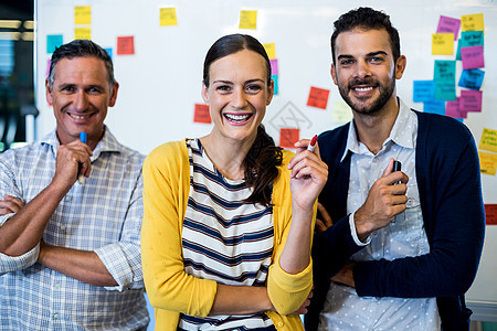 商业同事对着镜头微笑快乐伙伴合伙服装女士企业家办公室男人领导便利贴图片