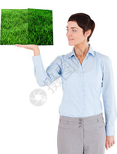 妇女拥有草地书商务绿色快乐衣冠女士微笑职业人士女性背景图片