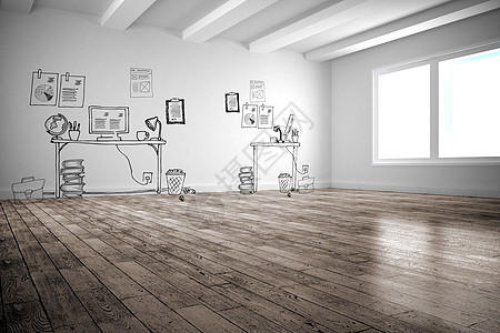 走廊的Doodle办公室复合手绘涂鸦职场木地板计算机数字图像白色绘图图片