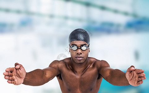 游泳运动员的复合图像准备下潜蓝色原住民短裤水池男人游泳池膀子男性爱好游泳者图片