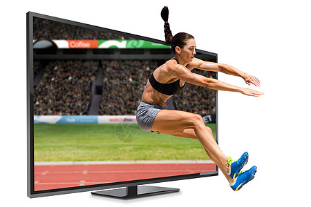 女运动员在白色背景上跳跃的复合形象论坛竞技场蓝天短裤场地绘图电视沥青女性家庭图片