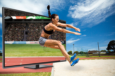女运动员在白色背景上跳跃的复合形象文胸家庭蓝天车道论坛沥青运行体育场观众场地图片