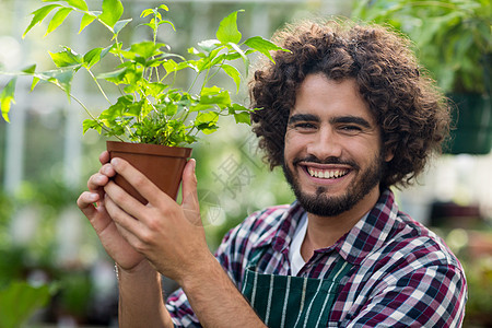 手持陶植植物的年轻男子园艺人微笑图片