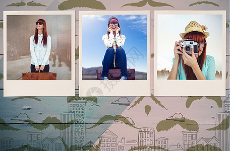 笑笑的时装女拿着手提箱的复合图像玫瑰飞行毡帽摩天大楼地面建筑数据服装绘图条纹图片