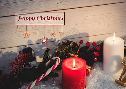 圣诞快乐 关于木制背景与圣诞节装饰的祝词插图横幅蜡烛假期字体浆果雪花糖果塑像季节图片