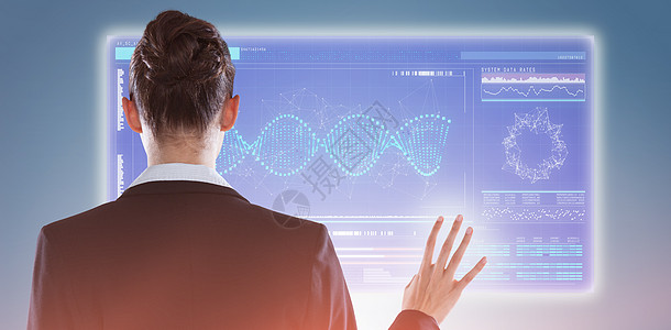 使用数字屏幕对商业女商务人士进行后视的复合图像互联网女性测序手势药品女士企业家绘图蓝色基因图片