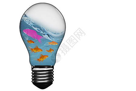 内有金鱼的灯泡 3D 复合图像蓝色海浪绘图治具未来派女性机器主板手势背景图片