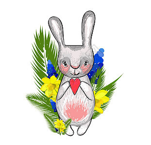 复活节兔子与春天的花朵 春季横幅和海报的设计元素 孤立在白色背景上叶子小动物花卉草地假期问候植物手绘刻字墙纸图片