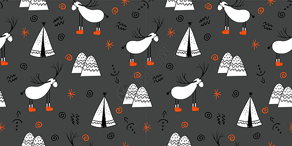 驯鹿 有角的动物 民间风格的插图 程式化的山脉 斯堪的纳维亚版画 无缝模式的棋涂鸦卡通片墙纸织物毛衣卡片海报鹿角横幅喇叭图片