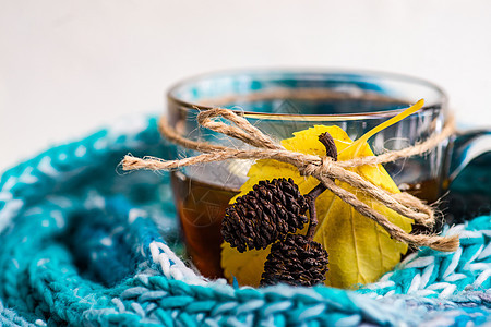 豆茶加柠檬树叶针织饮料玻璃羊毛黄色季节石头时间杯子图片