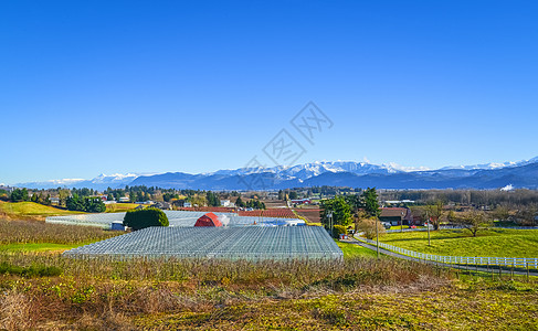 水果农场的冬季冬天 蓝天背景的华利和山地风景草地平静院子果园栅栏农村内心天气山脉牧场图片