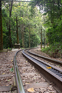通向巴西里约热内卢科多瓦多顶端的电车轨铁路邮政火车森林旅行救世主铁轨木头爬坡运输基督图片