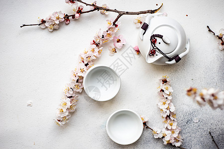 茶空间亚洲风格餐桌 有杏花花果树餐具食物极简主义者陶瓷刀具杯子制品环境背景