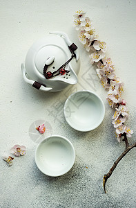 茶空间亚洲风格餐桌 有杏花花筷子杯子陶瓷桌子刀具极简果树环境食物主义者背景