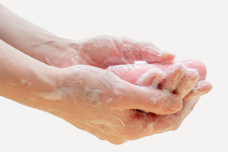 手上有抗菌肥皂 用肥皂进行手消毒发泡棕榈泡沫病菌皮肤清洁冲洗感染清洁度疾病图片