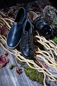 A Wooden背景上的鞋子锤子缝纫鞋类手工生产职业男人植物铆钉服务图片