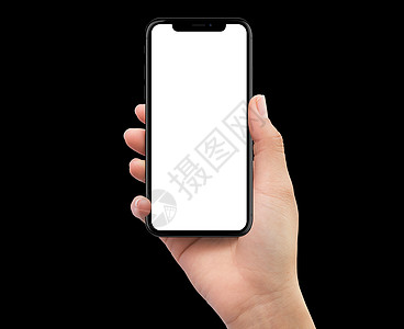 手持黑色移动智能手机的孤立的右手展示推介会细胞技术演示屏幕小样商业电话手指图片