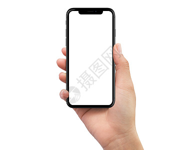 手持黑色移动智能手机的孤立的右手演示屏幕展示手指细胞推介会电话小样商业空白图片