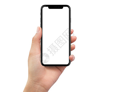 手持黑色移动智能手机的孤立人左手空白小样技术屏幕推介会细胞演示展示电话商业图片