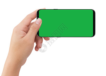 手持黑色移动绿色屏幕智能的孤立人左手手指镜头夹子地平线技术推介会邮政电影商业展示图片