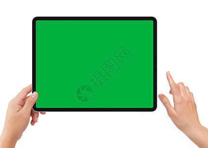 孤立的左手握着黑色石板和绿屏技术白色药片手指推介会屏幕演示邮政电影商业图片